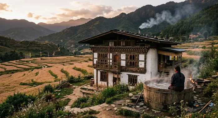 A traditional Bhutanese farmhouse among buckwheat fields