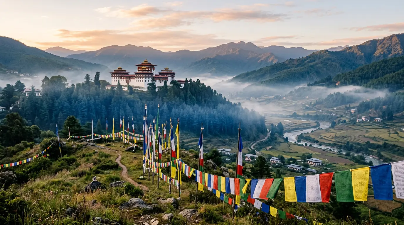 Misty dawn over a dzong in the Bumthang valley, with prayer flags in the foreground